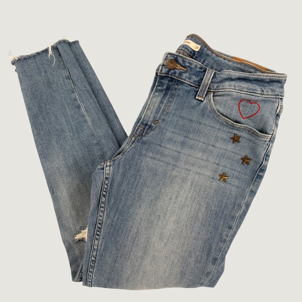 Levis 535 Super Skinny Blue Denim Jeans Embroidered Hearts Stars Womens sz 30